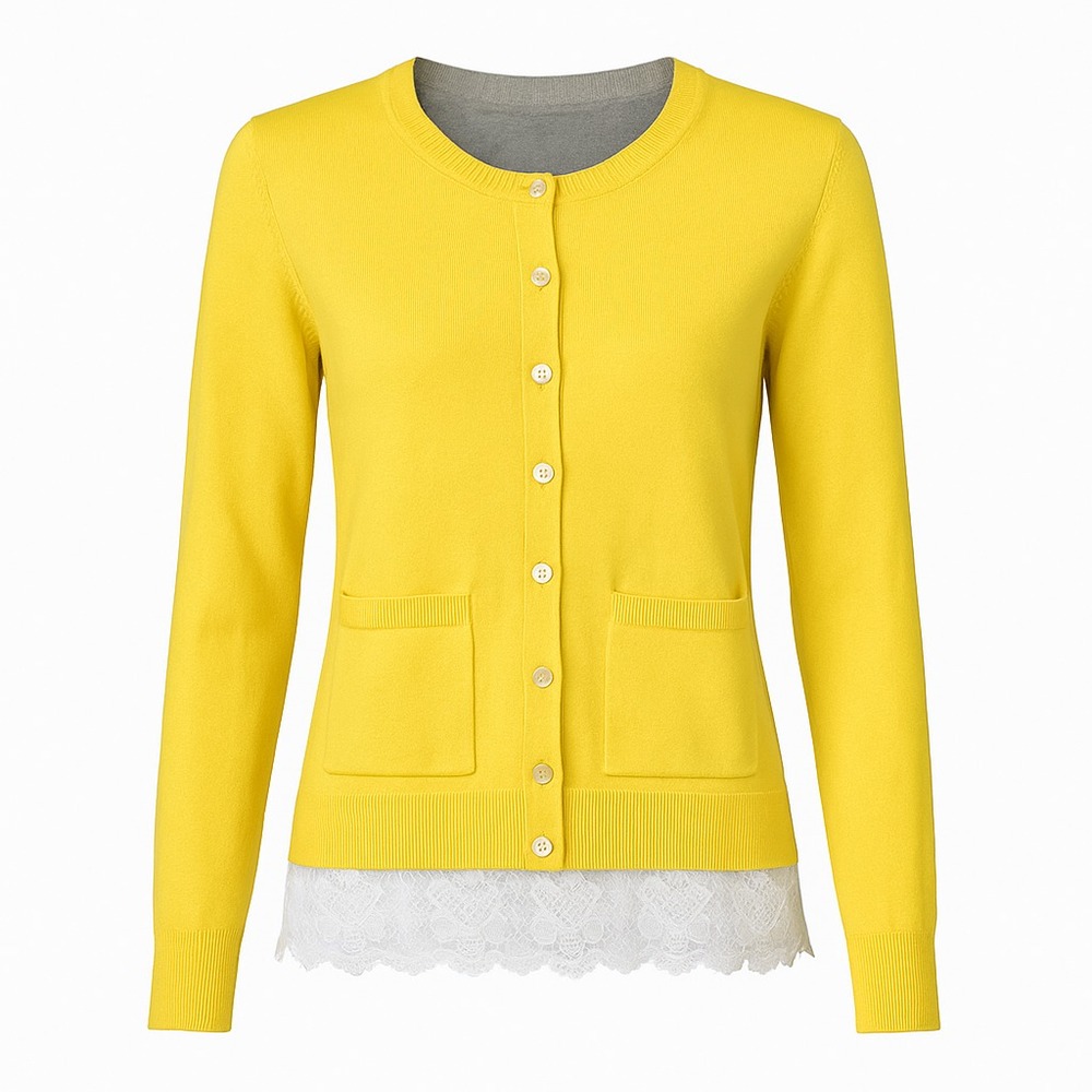 Cabi Love Carol Yellow Gray Lace Hem Mixed Media Cardigan Sweater Women's M